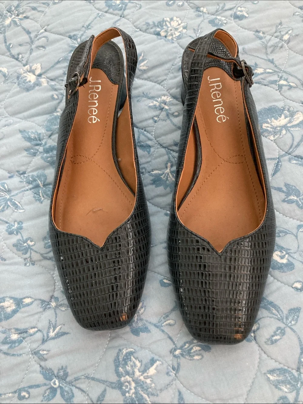 J.Reneé Black Croc-Embossed Slingback Flats